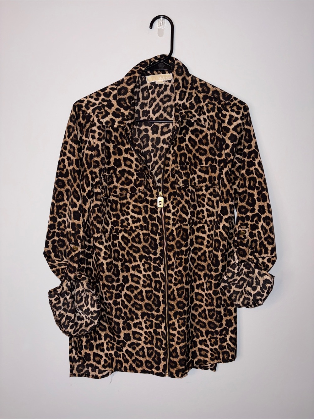 Michael Kors Leopard Print Zip-Front Shirt - Brown/Black M